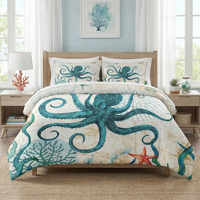 King Size Comforter Set with 2 Pillowcases, Sea Coral Octopus 3 Pcs Bedding for Kids and Adults, Beach Summer Ocean Animal Soft Comforter Set for Bedroom Bed Decor