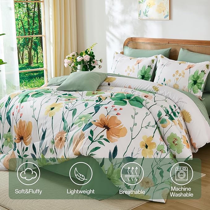 Anibedding 8Pieces King Size Comforter Set, Sage Green Watercolor Floral Queen Size Bed in a Bag Comforter Set with Pillowcase, Sheets for All Season