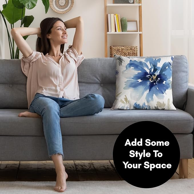 Americanflat 18x18 Throw Pillow with Sewn-in Insert - All-in-One Decorative Pillows - No Cover Needed - Soft and Durable Cushion for Bed or Sofa - Polyester - White and Indigo
