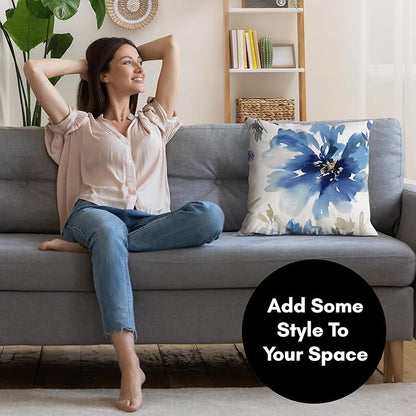 Americanflat 18x18 Throw Pillow with Sewn-in Insert - All-in-One Decorative Pillows - No Cover Needed - Soft and Durable Cushion for Bed or Sofa - Polyester - White and Indigo