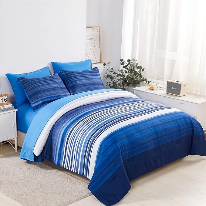 KAKIJUMN 7 Piece Bed in a Bag Stripe Comforter Set King Size, White and Blue Patchwork Striped Comforter and Sheet Set, All Season Soft Microfiber Complete Bedding Sets(Blue,King)