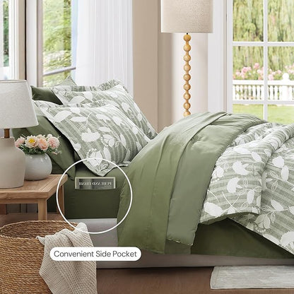 Twin XL Comforter Set -5 Pieces Floral Sage Green Bedding Set for All Seasons, Bed in a Bag with Botanical Flowers Comforter, Sheets, Pillowcase & Sham