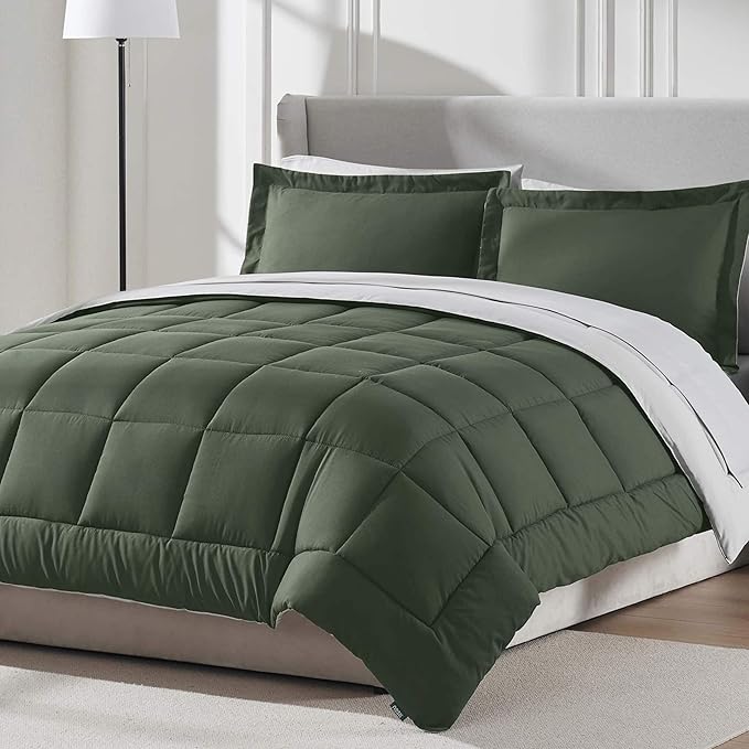 Nestl 7 Piece Full Comforter Set – Olive Green Reversible Bed in a Bag – Complete Full Size Bedding Set with Sheets, Pillowcases and Shams