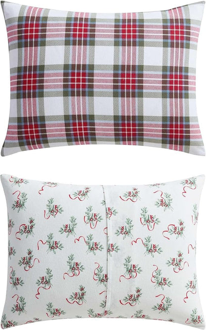 Martha Stewart - King Bedding Comforter Sets, Wonderfully Plush & Naturally Soft Cotton Flannel Bedding w/Matching Pillowcases, 3 Piece Bed Sets (Yuletide Spruce Plaid/Holiday Ribbons Red)