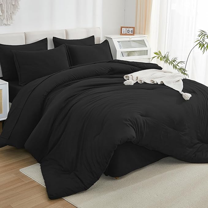 Litanika Comforter Full Size Set Black - 7 Pieces Bed in a Bag Full Bedding Comforter Sets, Plain Lightweight Bed Set with Comforter, Sheets, Pillowcases & Shams
