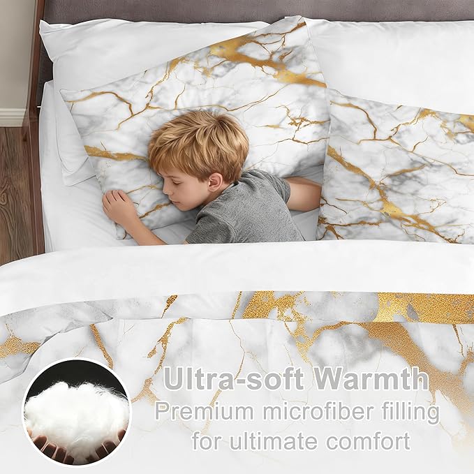 White Gold Marble Bedding Set for Kids Teens Adults Glitter Gold Stripes Marbling Bed Set Grey White Luxury Metallic Marbled Comforter Set Full Size 3 Pcs (1 Comforter & 2 Pillow Cases