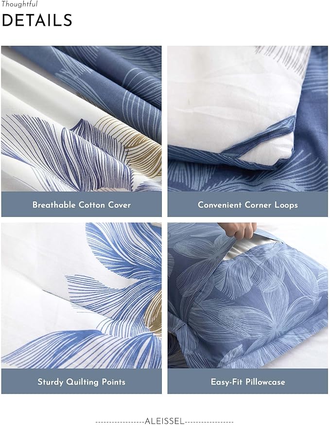 Natural Cotton 3pcs Floral Comforter Sets King Size - Grayish White Comfoter with Blush & Tan Floral Print, Aegean Blue Reverse, Vintage Lightweight Bedding Sets(King 104"×90")