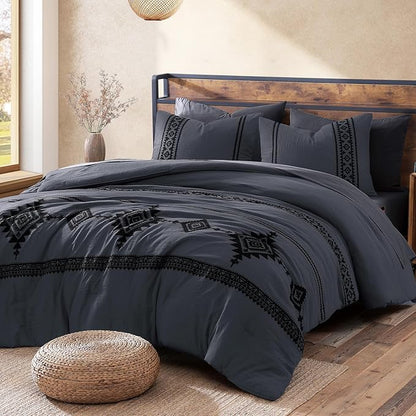 MaiRêve Embroidery Full Size Comforter Set Crown Blue, Farmhouse Western Boho Bedding Set 7 Pieces, All Season Bed in A Bag Comforter Set with Sheets, Pillowcases & Shams
