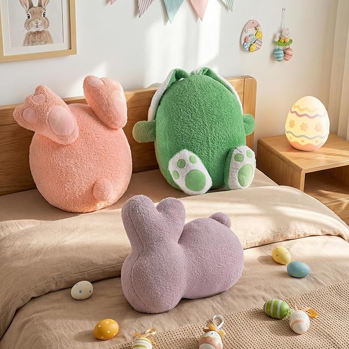 Lanpn Easter Shaped Throw Pillows Set of 3, Pink Egg with Feet Purple Bunny Soft Velvet Green Egg with Hands and Feet Rabbit Cushions for Sofa Couch Bedroom Spring Decor