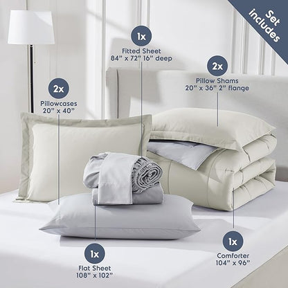 Nestl 7 Piece California King Comforter Set – Off White Reversible Bed in a Bag – Complete Cal King Size Bedding Set with Sheets, Pillowcases and Shams