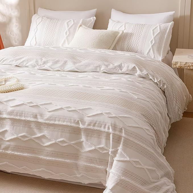 Cottonight White Boho Comforter Set Queen Farmhouse Tufted Bedding Set Soft Bohemain Shabby Chic Blanket Quilts Embroidery Rustic Luxury Soft 3PCS Bed Set for Women Men