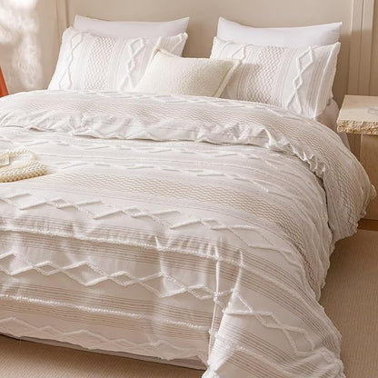 Cottonight White Boho Comforter Set Queen Farmhouse Tufted Bedding Set Soft Bohemain Shabby Chic Blanket Quilts Embroidery Rustic Luxury Soft 3PCS Bed Set for Women Men