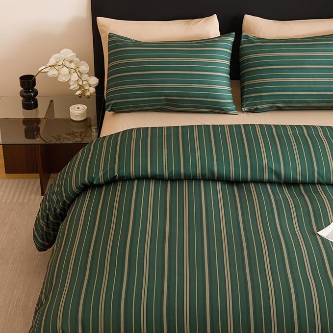 KAREVER Green Stripes Comforter Twin Vertical Ticking Striped Dark Green Bedding Set Durable Chic and Stylish Bedroom Set