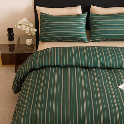 KAREVER Green Stripes Comforter Full Vertical Ticking Striped Dark Green Bedding Set Durable Chic and Stylish Bedroom Set