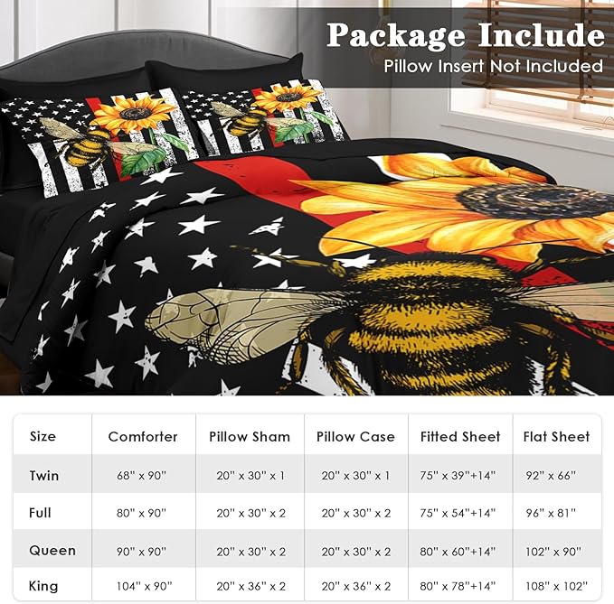 Comforter Set King Size, Honey Bee Vintage 7 Pcs Bedding for Kids and Adults, Sunflower Flower Sun Bed Sheet Sets with Fitted Sheet 2 Pillowcases & 2 Shams for Bedroom Bed Decor
