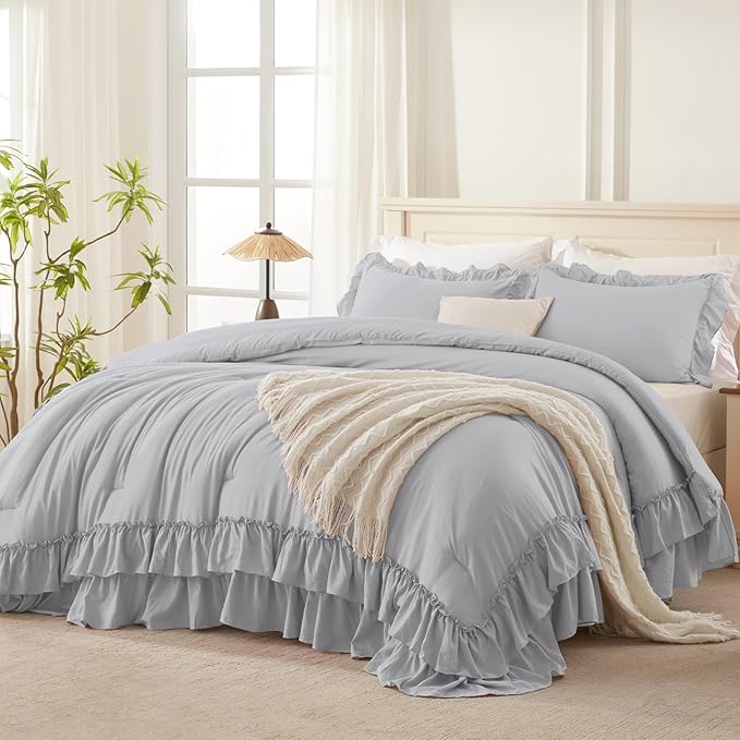 Andency Light Gray Ruffle Comforter Full Set, 3pcs Vintage Farmhouse Shabby Chic Bedding Comforter Set, Soft Lightweight Fluffy Bed Comforter Sets All Season Bedding Set