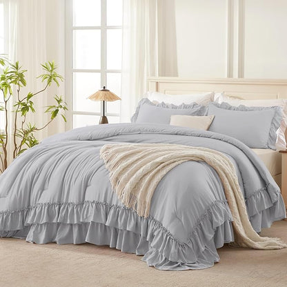 Andency Light Gray Ruffle Comforter Set King, Shabby Chic Farmhouse Bedding Comforter, Soft Lightweight Fluffy Microfiber Bet Set All Season 3 Pieces Solid Comforter Set