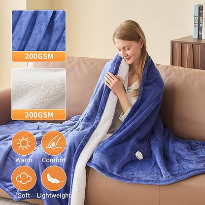 Electric Heated Blanket Throw Size 50''x60'' Soft Flannel & Sherpa Electric Blanket with 10 Heating Levels, Automatically Shut Down After 8h with Overheat Protection Machine Washable