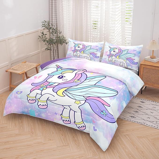 Tailor Shop Unicorn Girls Comforter Sets Full Size,Unicorn Purple Bedding Sets for Girls Kids Teens with 2 Pillowcase……