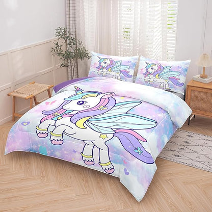 Tailor Shop Unicorn Girls Comforter Sets Full Size,Unicorn Purple Bedding Sets for Girls Kids Teens with 2 Pillowcase……