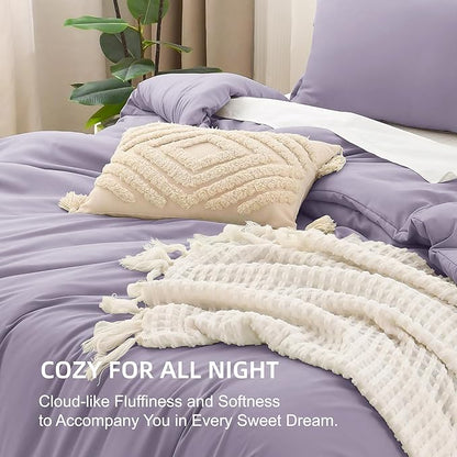 Litanika Grayish Lavender Purple Comforter Set Full Size, 3 Pieces Lightweight Solid Bedding Comforter Set, All Season Fluffy Bed Set (79x90In Comforter & 2 Pillowcases)