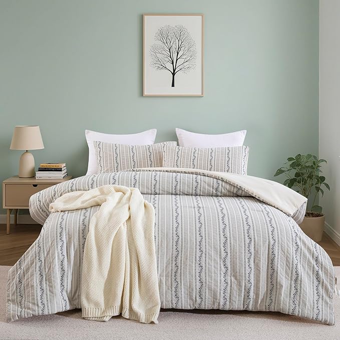 100% Cotton Jacquard Comforter Set, Striped Floral Print, Soft Lightweight Reversible 3 Piece Bedding Sets for All Season, Queen(90"x90")