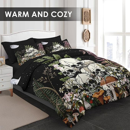 Comforter Set Queen Size, Dark Mushroom Plant Vintage 7 Pcs Bedding for Kids and Adults, Skeleton Spooky Retro Bed Sheet Sets with Fitted Sheet 2 Pillowcases & 2 Shams for Bedroom Bed Decor