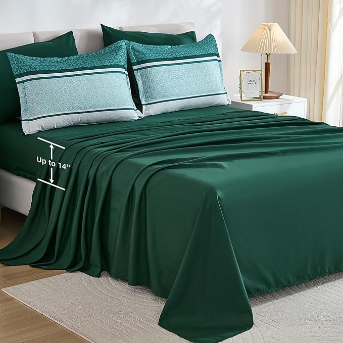 WONGS BEDDING 7 Pieces Comforter Set Queen Size, Green Striped Bed in a Bag Comforter and Sheet Set, Emerald Green Boho Soft Lightweight Micorfiber Bedding Set for All Season (90"×90")