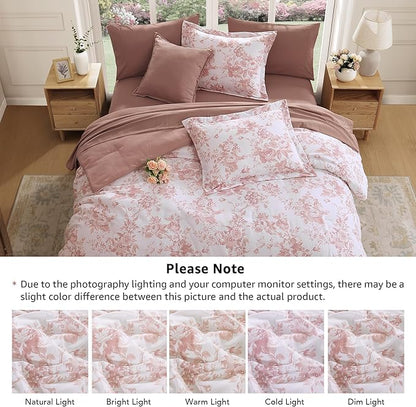 Oversized Queen Comforter Set -7 Pieces Floral Rose Bedding Set for All Seasons, Bed in a Bag with Botanical Flowers Comforter, Sheets, Pillowcases & Shams