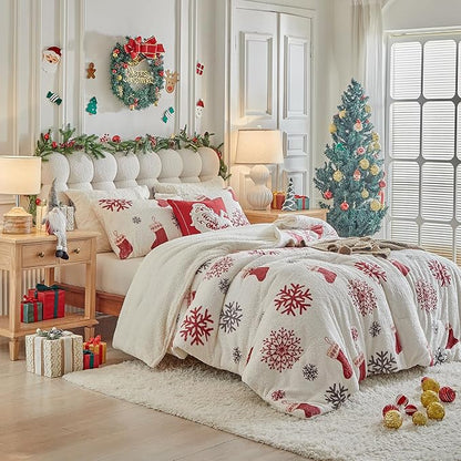 Christmas Sherpa Comforter Set King Size 3 Pieces Holiday Winter Bedding Microfiber Warm Fleece Comforter with 2 Pillow Shams - Thanksgiving New Year Gift Choice with Red Snowflake n Xmas Socks