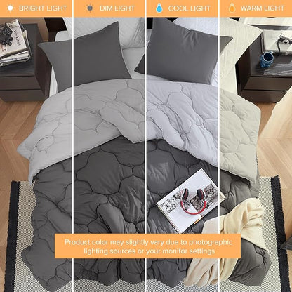 Comfort Spaces Comforter Set Vibrant Reversible Comforters King Size Quilted Bedding Set, All Season Lightweight Bedding, Soft Microfiber Comforter, Vixie, Grey/Light Grey King 3 Piece