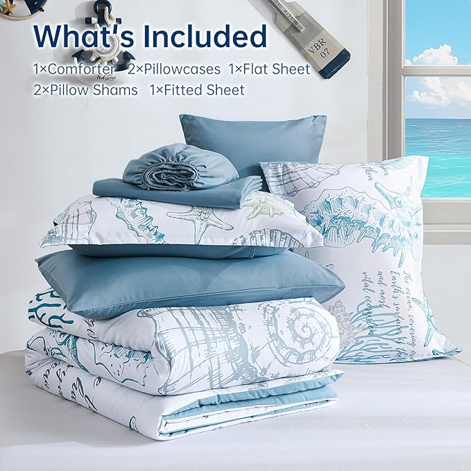 Comforter Set King Size Coastal, Beachy Themed Comforters,7 Pieces Ocean Bed in a Bag Nautical Bedding Seahorse Sea Shell with Sheets for All Season