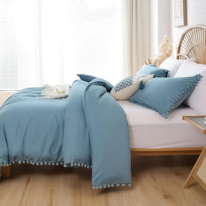 YIRDDEO Queen Comforter Set - Comforter Queen Size Sets with Ball Pom Fringe, Soft Bedding Set for All Seasons - 3 Pieces, 1 Comforter (90"x90") & 2 Pillow Shams (20"x26"), Dusty Blue