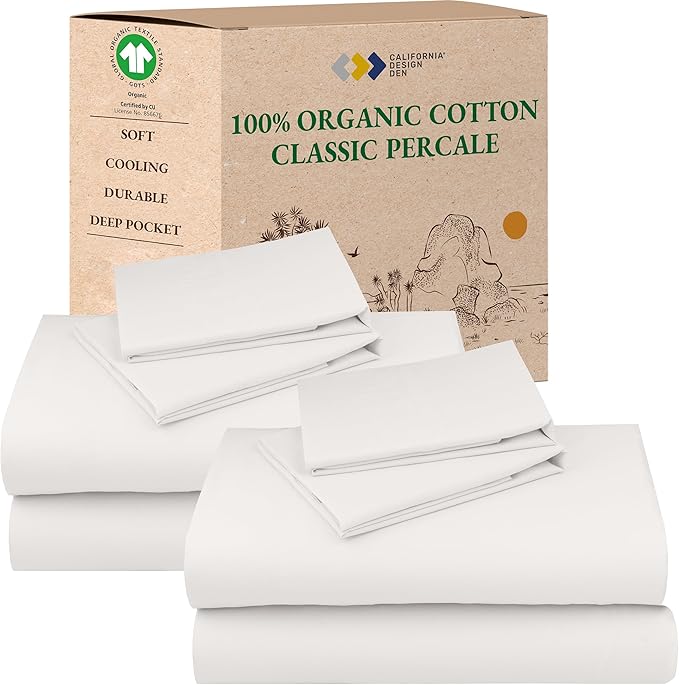 California Design Den 2-Pack 100% Organic Cotton Percale Sheets Queen Size Set - Crisp and Breathable Percale, Deep Pocket Queen Size Sheet Sets, Lightweight Bedding Set - True Ivory
