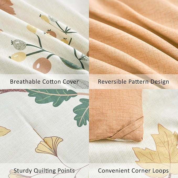 Botanical Cotton Comforter King Size - Luxurious Design with Maple Leaves and Branches on Beige, Textured Maple Orange Back, 3PC Lightweight Bedding Set with Ultra-Soft Alternative Fill