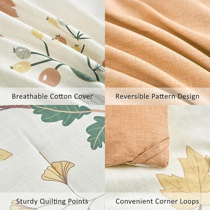 Botanical Cotton Comforter Queen Size - Luxurious Design with Maple Leaves and Branches on Beige, Textured Maple Orange Back, 3PC Lightweight Bedding Set with Ultra-Soft Alternative Fill