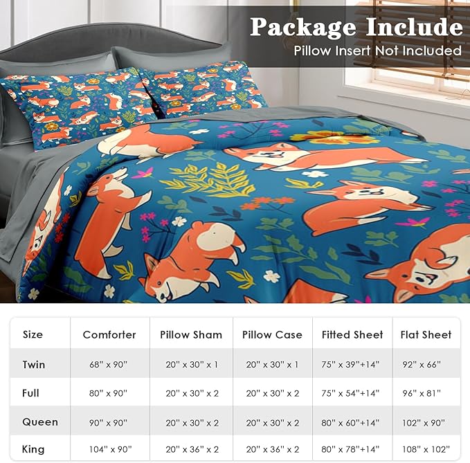 Comforter Set Queen Size, Cute Dog Corgi 7 Pcs Bedding for Kids and Adults, Flower Funny Grey Bed Sheet Sets with Fitted Sheet 2 Pillowcases & 2 Shams for Bedroom Bed Decor