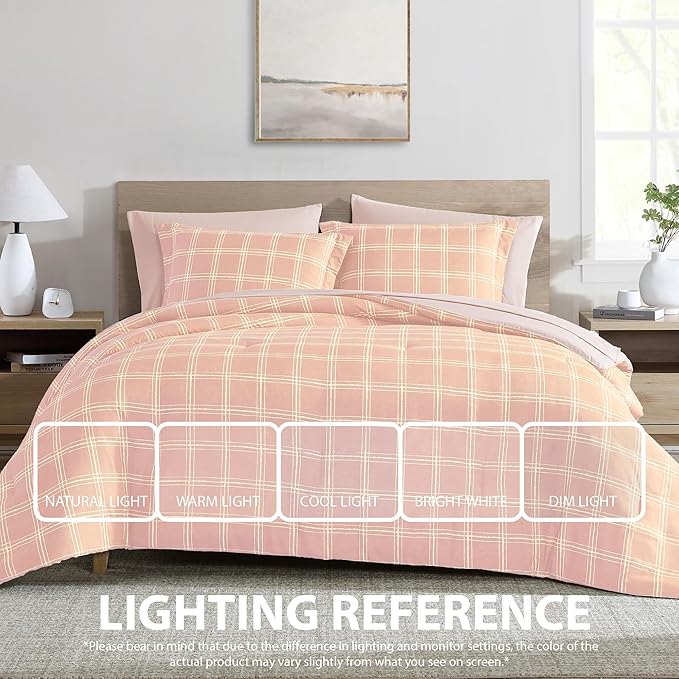 Cathay Home Basic Bedding Home Essential Ultra Soft Lightweight 7PC Wrinkle Resistant Microfiber Bed in a Bag Set (Includes Complete Sheet Set & Comforter Set) - Pink Plaid, Full