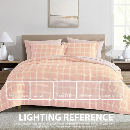 Cathay Home Basic Bedding Home Essential Ultra Soft Lightweight 7PC Wrinkle Resistant Microfiber Bed in a Bag Set (Includes Complete Sheet Set & Comforter Set) - Pink Plaid, Queen