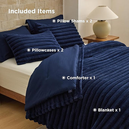 Bedsure Gentlesoft™ 2-in-1 Full Comforter Set and Detachable Fluffy Blanket, Navy Blue Bedding Set for All Season Use, SnapTech Design for Space Saving (Includes 2 Pillow Shams, 2 Pillowcases)