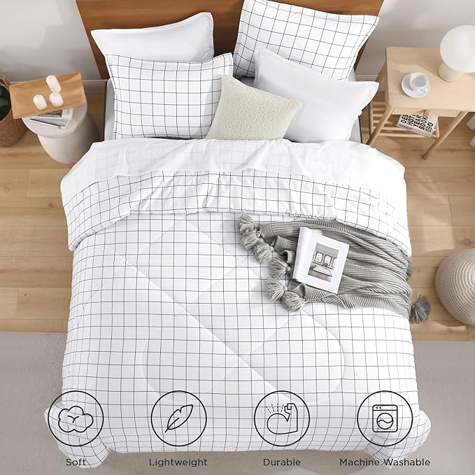 Andency Full Size Comforter Sets, White Gingham Plaid Grid Checkered Bedding Comforter Set for Teens Boys Girls Kids, 3 Pieces Lightweight Reversible Preppy Bedding Set(79x90 Inch)