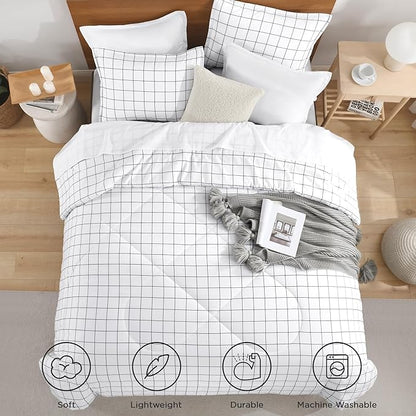 Andency Full Size Comforter Sets, White Gingham Plaid Grid Checkered Bedding Comforter Set for Teens Boys Girls Kids, 3 Pieces Lightweight Reversible Preppy Bedding Set(79x90 Inch)