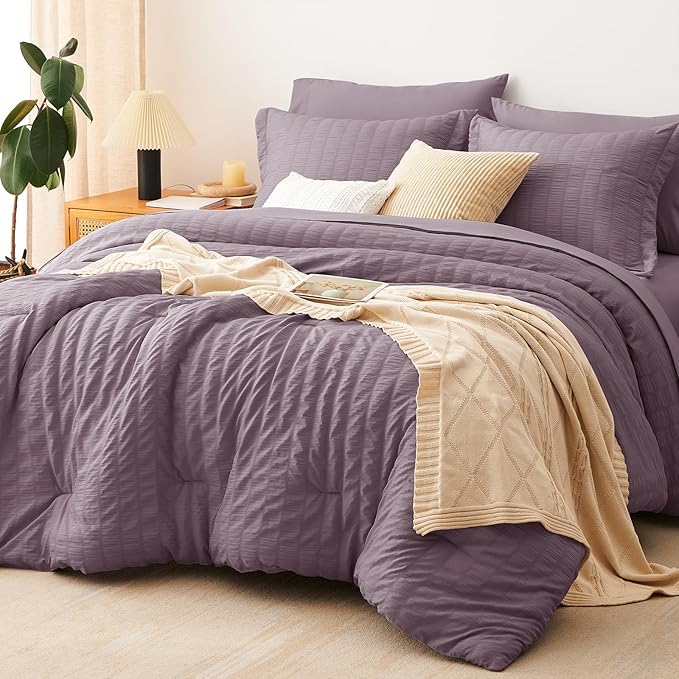 CozyLux Twin Comforter Set with Sheets 5 Pieces, Dusty Purple Seersucker Textured Bed in a Bag, Luxury Soft Bedding Set with Down Alternative Comforter, Sheets, Pillowcases & Shams for All Seasons