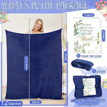Buryeah 12 Pcs Wedding Flannel Fleece Throw Blanket Bulk with Thank You Card and Ribbon, 50 x 60 in Oeko-TEX Standard 100 Certified Blankets Outdoor Wedding, Guest Party Souvenirs (Navy)