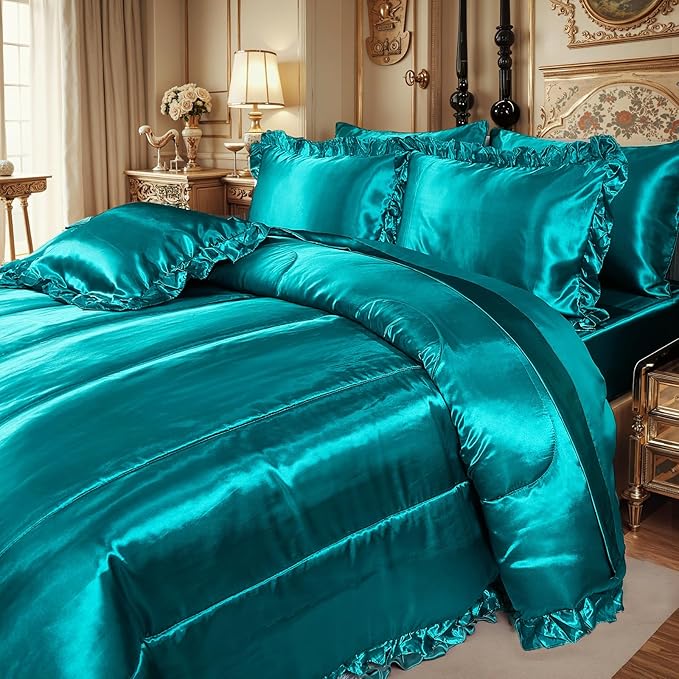 Silky Comforter Set with Sheet Set Queen 8 Pcs Peacock Green Bed in a Bag Green Bedding Set Silk Like Satin Ruffle Home Deocr Sexy Hotel Silky Bed Set with 1 Cushion Cover