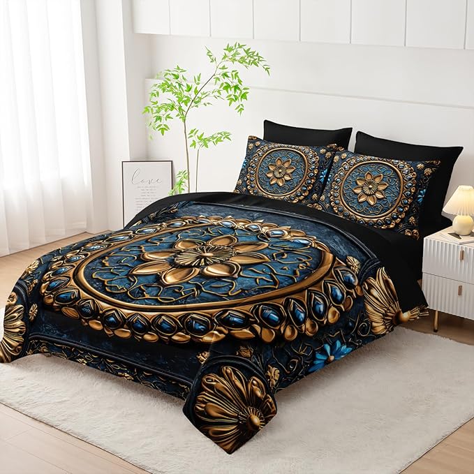 7 Piece Bed in A Bag Black and Gold Mandala Comforter Set Queen Size，Mandala Bedding Set Queen，(1 Comforter, 1 Flat Sheet, 1 Fitted Sheet, 2 Pillowcase and 2 Pillow Sham)