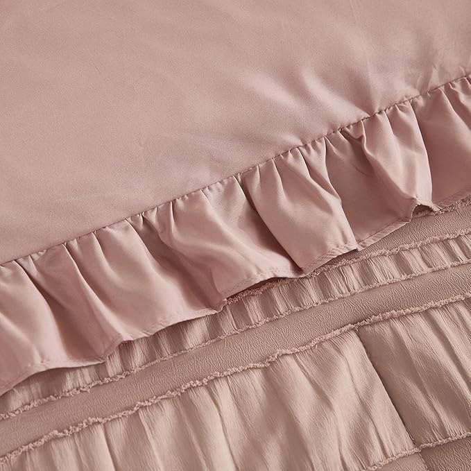 WONGS BEDDING Comforter Full Size, Pink Ruffle Comforter for Full Bed for Dorm Room Essentials, Soft Seersucker Textured Bedding Set Full Size Comforter Sets for Girls 90"×78"