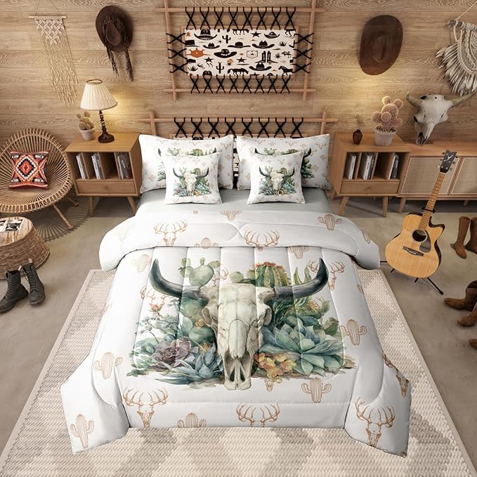 Erosebridal Aztec 7 Piece Bedding Set King Bull Skull Comforter Set with Sheets Western Desert Cactus Succulents Pattern Bed in a Bag Deer Skull Hand Drawn for Teens Men Women