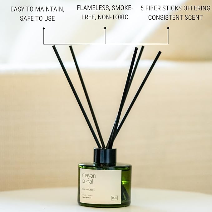 Craft & Kin Mayan Copal Reed Diffuser | All Natural Essential Oil & Rattan Scent Sticks | Winter Reed Diffusers for Home, Bathroom | Long Lasting Home Fragrance in Green Glass, 3.4oz