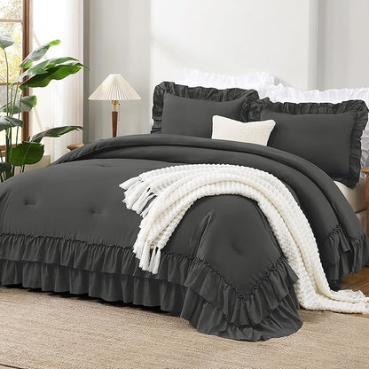 Andency Dark Grey Twin Size Comforter Set(66x90Inch), 2 Pieces(1 Ruffle Comforter and 1 Pillowcase) Lightweight Fluffy Bedding Comforter Sets, All Season Soft Microfiber Bedding Set